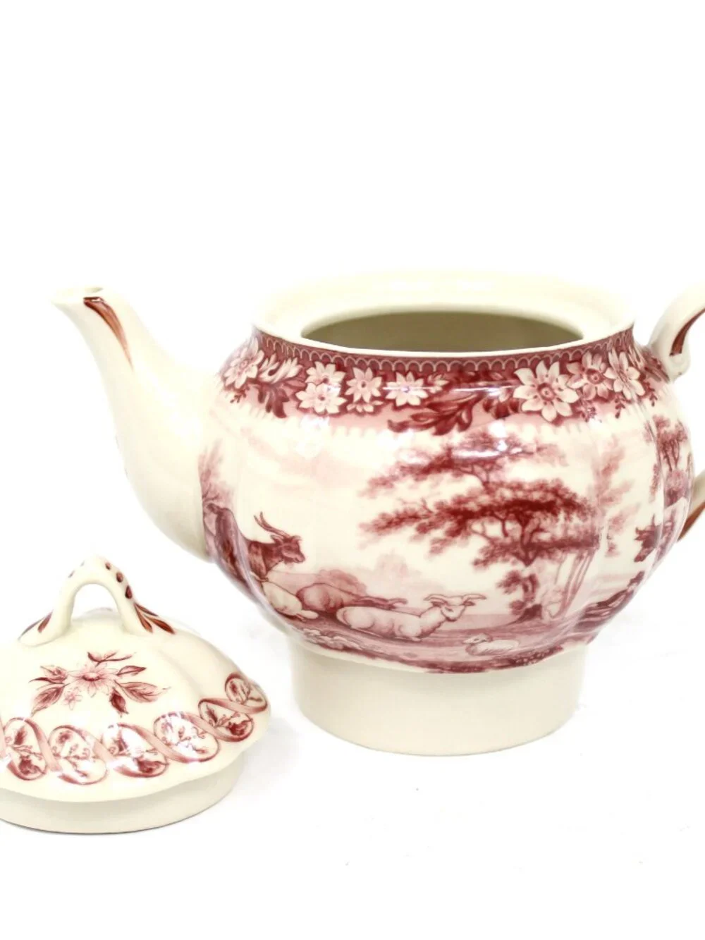PORCELAIN RED TRANSFERWARE ANTIQUE REPRODUCTION STACKED TEA POT\DOUBLE STACK CUP
